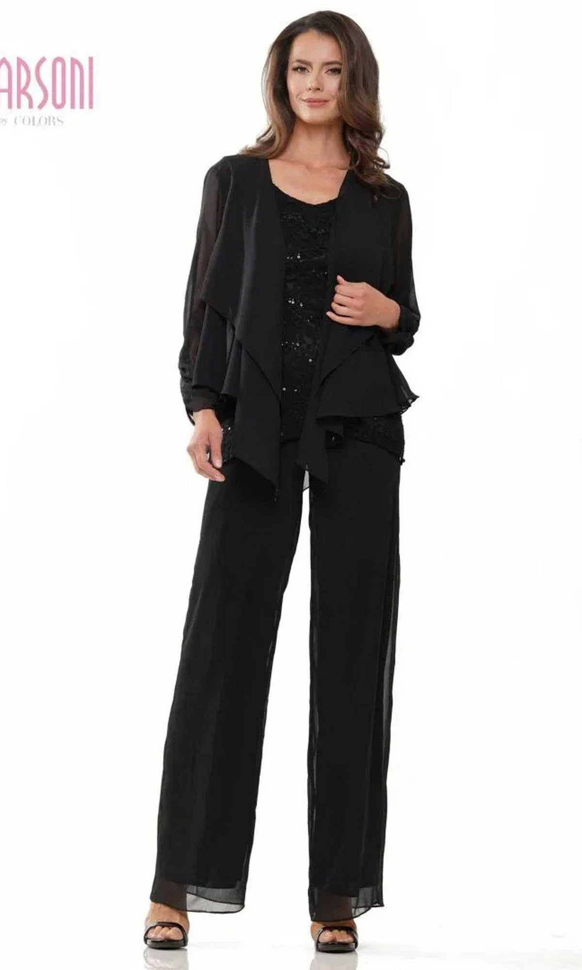 Woman in a black Marsoni M303 long formal pantsuit with a sleeveless lace top, flowy chiffon jacket, and wide-leg trousers, posed against a plain white background.
